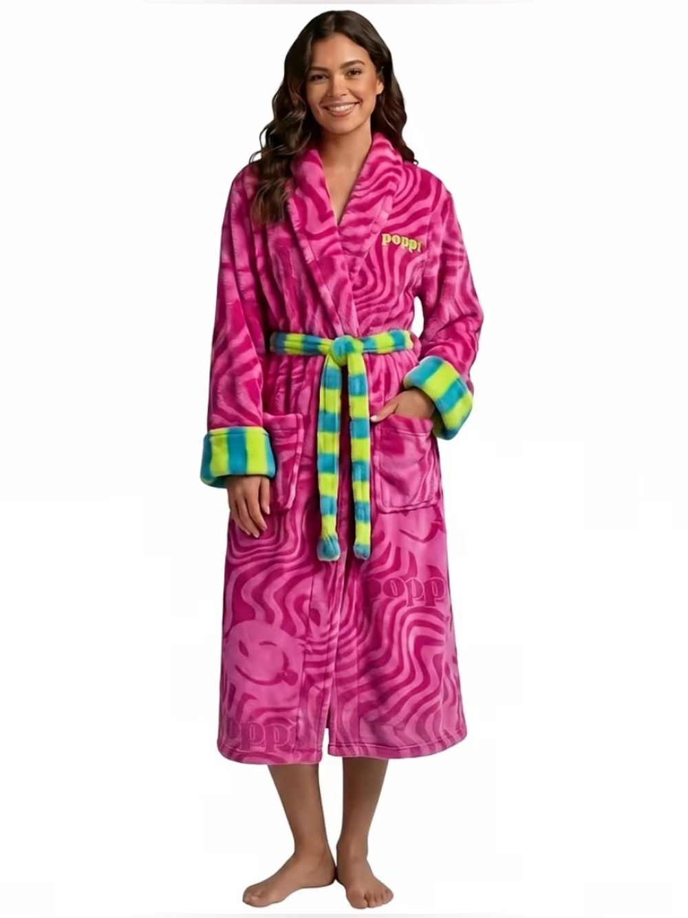 Poppi Stripes Robe Poppi Bath Bathrobe Pink Green Small Medium Neon New Plush